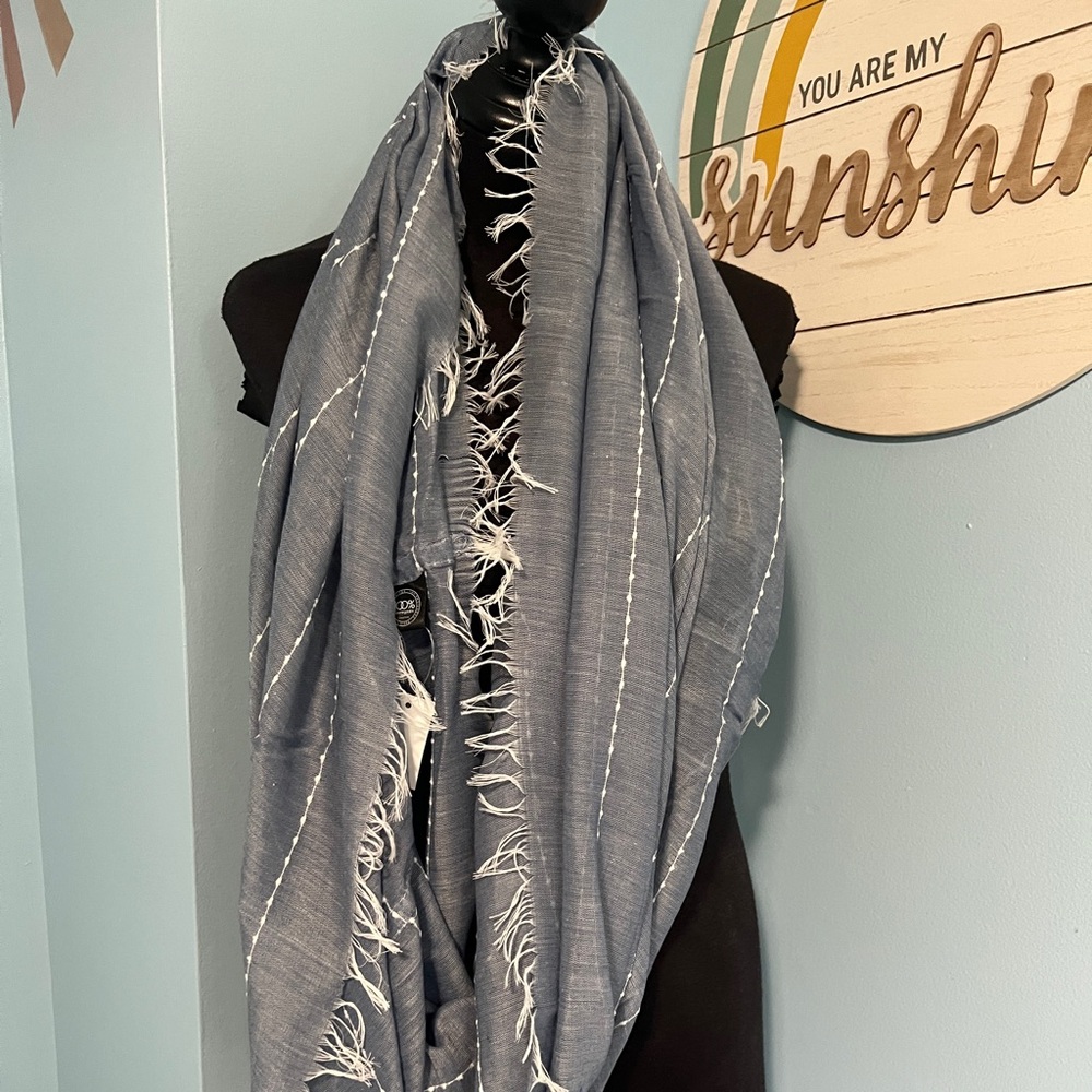 Bloomingdale's Soft Chambray Blue Frayed Fringe Scarf, New w/ tag